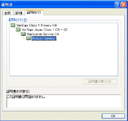 図  1-19 は Windows での認証パスの表示です。図  1-20 は Mozilla Firefox、および Mozilla  Thunderbird での証明書チェーンの表示です。Windows では「証明のパス」、Mozilla  Firefox、および Mozilla Thunderbird で「証明書の階層」と表現していますが同じもので す。 