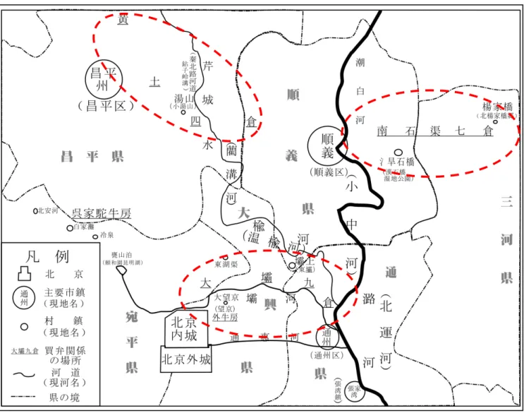 図 2 北京城外における買弁衙門の所在地 図 1、図 2 は中国社会科学院考古研究所編『明清北京城図』明北京城復原図（北京、地図 出版社、1986 年）、東城区地名志編輯委員会編『北京市東城区地名志』 （北京、北京出版社、 1992 年）、侯仁之主編『北京歴史地図集』政区城市巻（北京、文津出版社、2013 年、54～ 55、58～59 頁）の地図に基づき、（明）張爵『京師五城坊巷胡同集』 （台北、藝文印書館、 1970 年）、 （清）于敏中・英廉『日下旧聞考』（北京、北京古籍出版社、1981 年）、(清)孫
