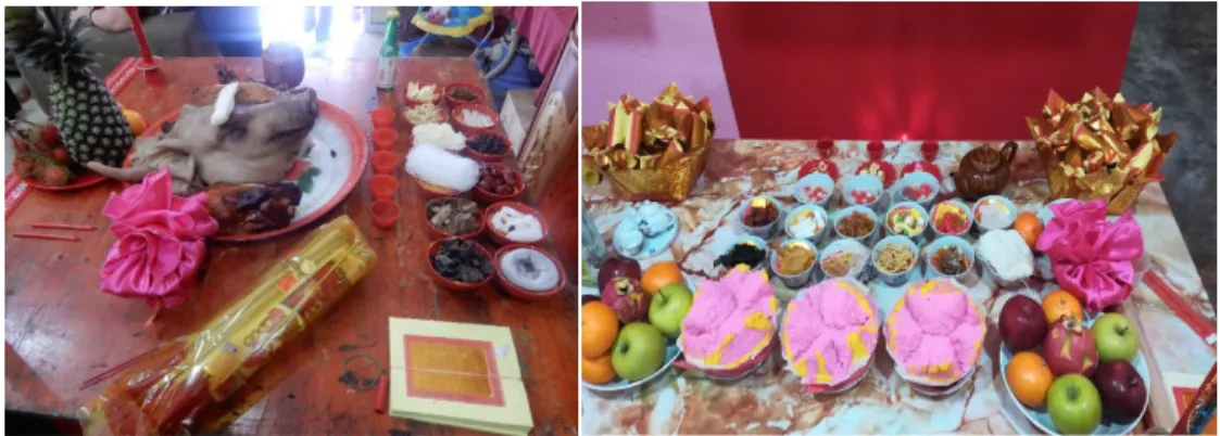 Figure 4 Left: set of ancestral and deity offering at the main altar ‘Seng Lay,' dry elements, rice,  and fruit (photo at bride’s residence, Kampung Pasir Parit)