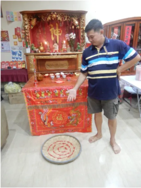 Figure 1: ‘Tok Bun Lai’ explained the main elements for Chhiu Thau rituals comprised  of Badang (rice measurer), comb, mirror, and chopsticks 