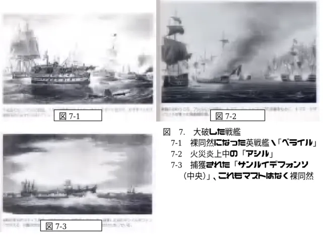 図  7.  大破した戦艦  7-1  裸同然になった英戦艦・「ベライル」  7-2  火災炎上中の「アシル」  7-3  捕獲された「サンルイデフォンソ          （中央）」、これもマストはなく裸同然  3