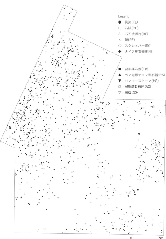 表 2 磯山遺跡出土石器の点数と重量の対比表 1 磯山遺跡出土石器組成表安山岩頁岩流紋岩凝灰岩ホルンフルス石英安山岩砂質頁岩珪岩鉄石英 玉髄 黒曜石 花崗岩 めのう 砂岩 計剥片FL612 497986449182024206951 1423石刃状剥片BF1214242236石核CO8749784951411 176ナイフ形石器KN11114ペン先形ナイフ形石器 PK1113台形様石器TR2237二次加工剥片RF112スクレイパーSC145彫刻刀形石器BU213磨石GS617ハンマーストーンHS2619磨製