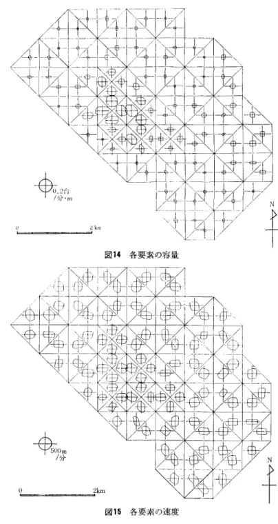 図 13 仙台市街の一部 つぎにつの要素内でが， ヲ u; が一定，容量，コストが一様 なことを使うと， (25) は要素 Ae 内で， 。e( ηα) =max  {vα ・ ηα ー ηe(V“)  ̲ v a l  v a ε C e }，  ( 3 0 )  と表わすことができるので，日 的関数 (24) を ψ (ZF，  ça， ηa)  =  ‑L :  rþe(ザ)L1.+ θZF， ( 31 )  のように積分を和の形に直すこ とができる.ここで'L1.は要素 Ae の面積を表わす