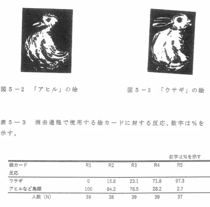 図 5 ‑ 2  r ア ヒ ル j の 絵 図 5‑ 3  r ウ サ ギ j の 絵 表 5 ‑ 3 消 去 過 程 で 使 用 す る 絵 カ } ド に 対 す る 反 応 c 数 字 は % を 示す。 主 主 字 ( ま%を示す 絵カ ー ド R 1  R2  R3  R4  R5  反応 ウサギ 。 1 5 
