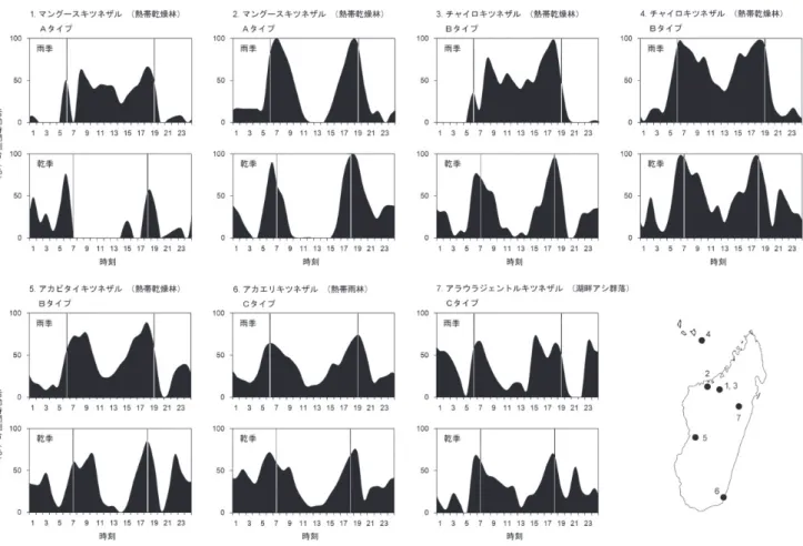 図 1  周日行性キツネザルの活動パターン。各個体群の 24 時間の活動時間割合を雨季と乾季に分け，種名，生息地タイプ，活動パターン タイプ（ A-C）を表記した。各個体群の番号は右下の調査地ポイントの番号に該当している。グラフ中の 6-7 時，18-19 時の縦線は それぞれ日の出と日の入りのタイミングを示している。 1, 3 のグラフは Rasmussen（1999），2 は Curtis et al.（1999），4 は Tarunaud （ 2006），5 は Donati et al.（1999）