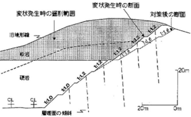 Fig. 15   Toppling occurs in rock slope with steeply dipping bedding  planes.（Case 11）