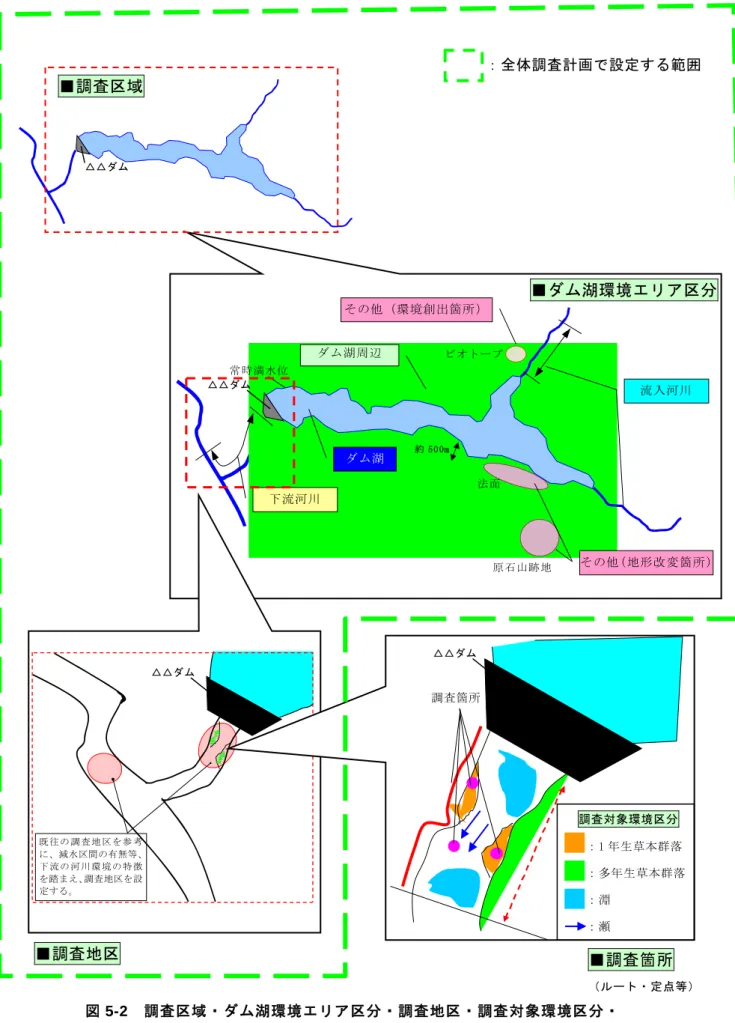 図 5-2  調査区域・ダム湖環境エリア区分・調査地区・調査対象環境区分・  調査箇所のイメージ【ダム湖版】  その他（地形改変箇所）原石山跡地 流入河川常時満水位法面 下流河川ダム湖周辺 ダム湖ビオトープその他（環境創出箇所 ）約 500m既 往 の 調 査 地 区 を 参 考に、減水区間の有無等、下 流 の 河 川 環 境 の 特 徴を踏まえ、調査地区を設定する。 ：全体調査計画で設定する範囲 ：1 年生草本群落 ：多年生草本群落 ：淵 ：瀬 △△ダム △△ダム △△ダム △△ダム■調査箇所（ルート・定