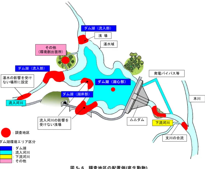 図 5- 6  調査地区の配置例(底生動物)  ※  ダム湖(湖心部)以外は、基本的に魚類と同じ調査地区を設定する。 その他(環境創出箇所)ダム湖（流入部）ダム湖（流入部）流入河川の影響を受けない浅場ダム湖（湖岸部）：調査地区その他(改変箇所)湛水域発電バイパス等浅 場湛水の影響を受けない場所に設定流入河川ダム湖環境エリア区分：ダム湖：流入河川：下流河川：その他△△ダム下流河川 支川の合流 本川ダム湖（湖心部）