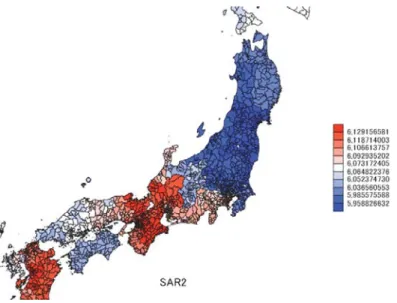 Figure 1: a plot of estimated regional eﬀects for individual happiness for each cities with spatial error models for multilevel data which contains city level and prefecture level random eﬀects by applying it them to happiness dataset in Japan.
