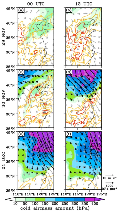 Figure 6. (a) – (f) Spatial distribution of the cold airmass amount (shaded), horizontal ﬂ uxes of the cold airmass (black vectors), surface SO 4 2− concentrations (contours), and surface winds (gray vectors) during the strong cold air outbreak from 29 Nov