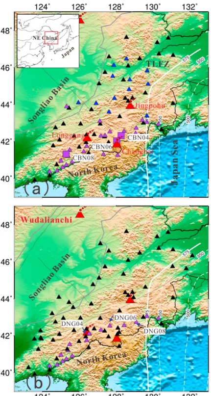 Figure 1. (a) Map showing the surface topography and major tectonic features of the study area, as well as seismic stations used in this study (small triangles)