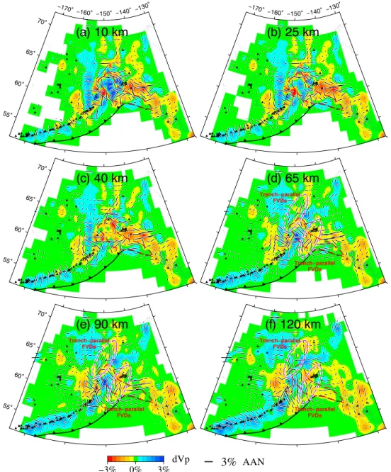 Figure 7. Map views of Vp azimuthal anisotropy (AAN) tomography. The orientation and length of the black bars repre- repre-sent the fast ‐ velocity direction and the amplitude of AAN, respectively
