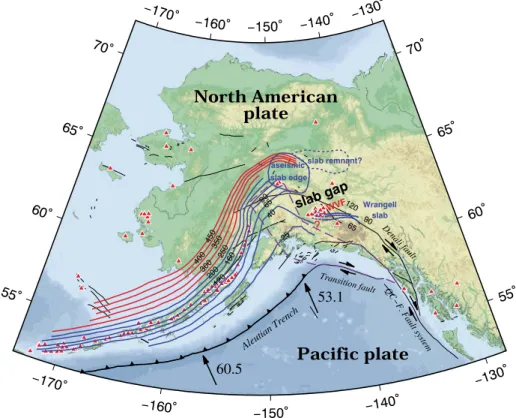 Figure 13. Depth contours to the upper boundary of the subducting Paci ﬁ c slab and other ﬁ ndings of the present study.