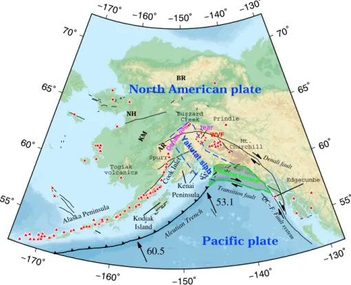 Figure 1. Tectonic setting of the study region. The blue dashed line denotes the extent of the subducted Yakutat slab from Eberhart ‐ Phillips et al