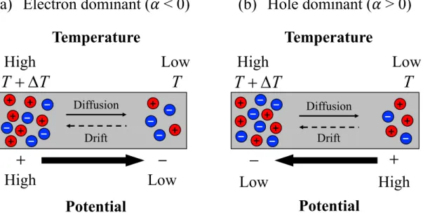 Fig. 1.9. Schematic illustrations of the occurrence of Seebeck effect in (a) electron- electron-dominant materials and (b) hole-electron-dominant materials