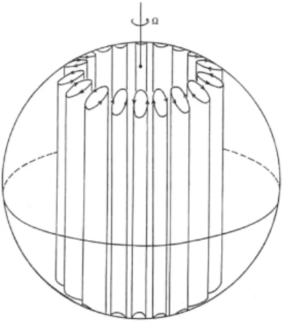 Fig. 1.2: A columnar structure alined with the rotation axis in a rotating sphere (Busse, 1970).