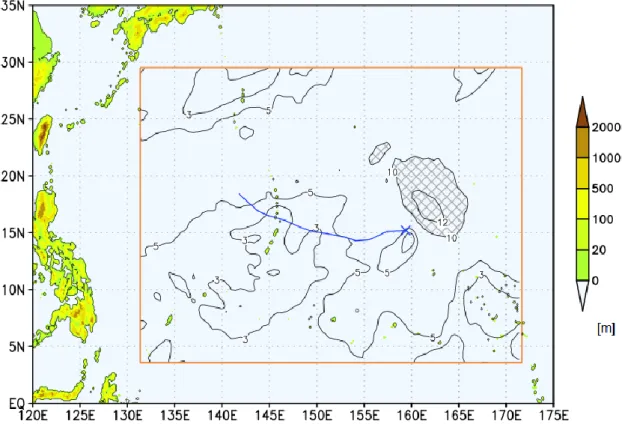 Figure 4.2: Track of Hagibis (2019) in the integration period (blue line; 1200 UTC 5 Oct–1200  UTC 8 Oct)