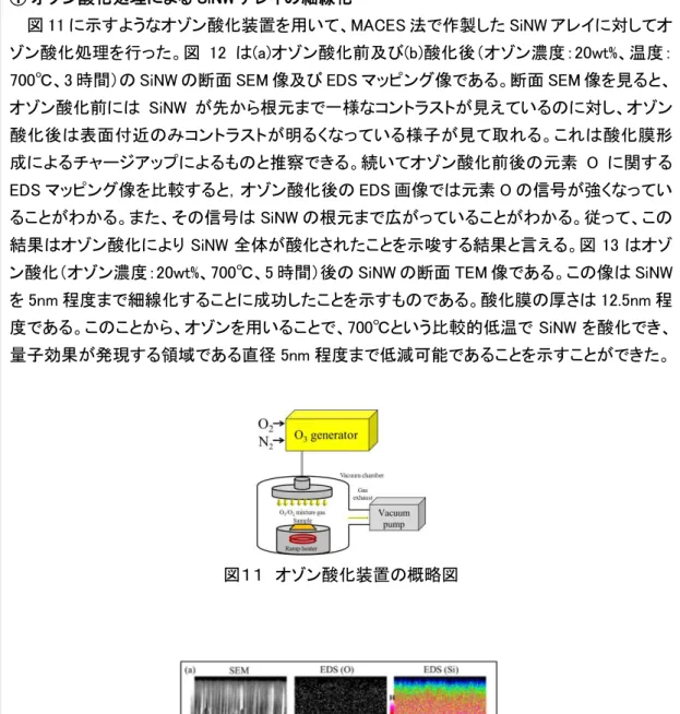 図 11 に示すようなオゾン酸化装置を用いて、MACES 法で作製した SiNW アレイに対してオ ゾン酸化処理を行った。図 12 は(a)オゾン酸化前及び(b)酸化後（オゾン濃度：20wt%、温度： 700℃、3 時間）の SiNW の断面 SEM 像及び EDS マッピング像である。断面 SEM 像を見ると、 オゾン酸化前には SiNW が先から根元まで一様なコントラストが見えているのに対し、オゾン 酸化後は表面付近のみコントラストが明るくなっている様子が見て取れる。これは酸化膜形 成によるチャージアッ