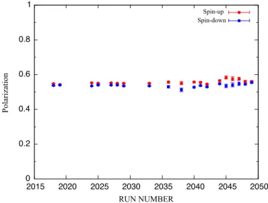 Figure 2.19 shows the obtained beam polarization during the experiment.  0 0.2 0.4 0.6 0.8  1  2015  2020  2025  2030  2035  2040  2045  2050Polarization RUN NUMBER Spin-up Spin-down