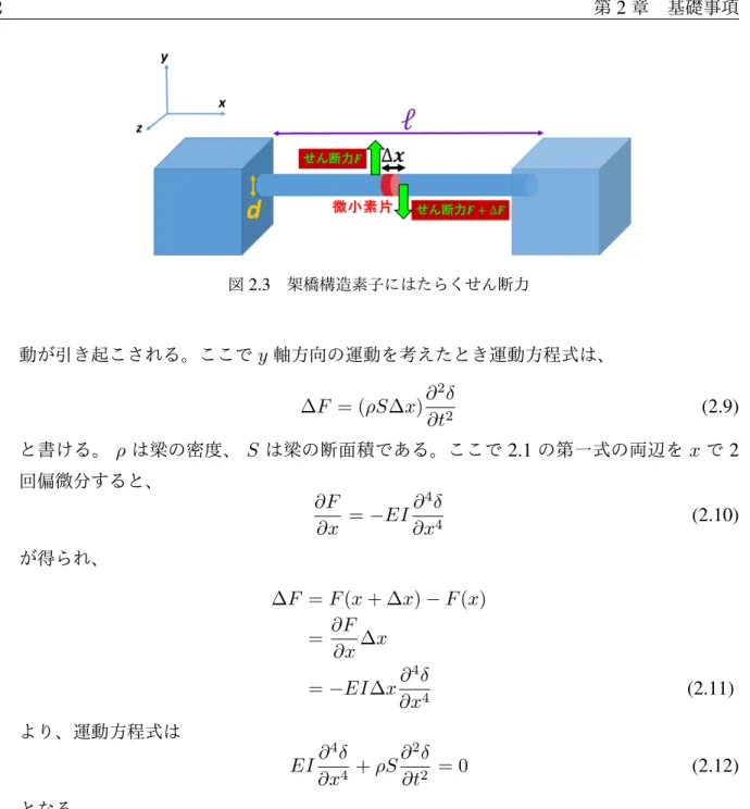 図 2.3 架橋構造素子にはたらくせん断力 動が引き起こされる。ここで y 軸方向の運動を考えたとき運動方程式は、 ∆F = (ρS ∆x) ∂ 2 δ ∂t 2 (2.9) と書ける。 ρ は梁の密度、 S は梁の断面積である。ここで 2.1 の第一式の両辺を x で 2 回偏微分すると、 ∂F ∂x = − EI ∂ 4 δ∂x 4 (2.10) が得られ、 ∆F = F (x + ∆x) − F (x) = ∂F ∂x ∆x = − EI∆x ∂ 4 δ ∂x 4 (2.11) より、運動方程式は E
