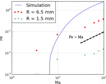 Fig. 2.2 Swimming speed as a function of viscosity (Dependence of Péclet number Pe on Marangoni number Ma) in a double-logarithmic plot
