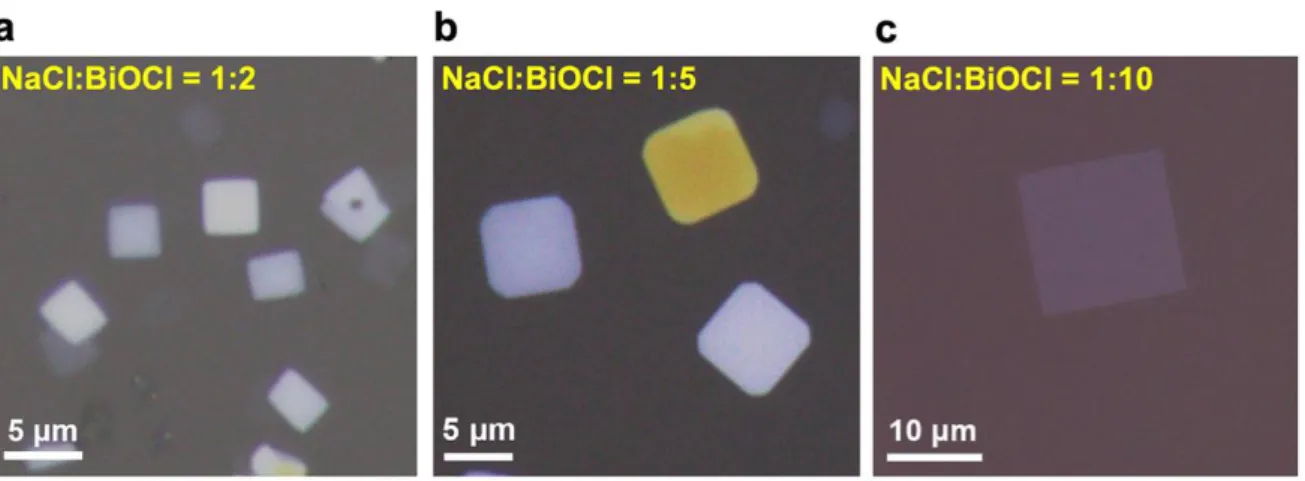 Figure 1.18 Typical optical images of BiOCl flakes obtained by using different ratios of salt to precursor (mass  ratio), showing that the nucleation density of BiOCl flakes is reduced, and their lateral size is increased, with the  decrease of the proport