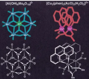 図 1-8  Cu 錯体[Cu 2 (phen) 2 (AcO) 2 (H 2 O) 2 ] 2+ とアンダーソン型ポリ酸 [Al(OH) 6 Mo 6 O 18 ] 3- の構造式[20] 