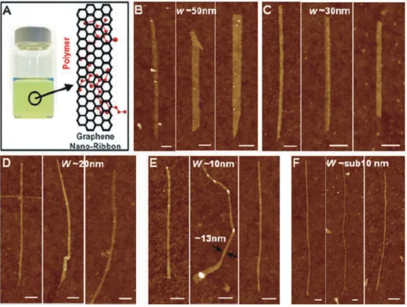 Figure 1.1: Chemically derived graphene nanoribbons with several width. All scale bars indicate 100nm