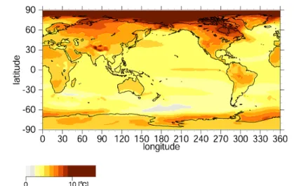図 2.7.6 K-1 モデルによる SRES A1B シナリオにともなう年平均気温の変化（単位：℃） 2071∼2100 年の平均気温から、1971∼2000 年の平均気温を引いたもの（平成 16 年 9 月 16 日の東京 大学など合同研究チームによる報道発表より）。気象庁（2003）で用いられた温室効果ガス排出シナ リオとは異なることに注意。 （3）降水量の変化予測  1）IPCC（2001）での予測結果  図 2.7.7 は SRES A2、B2 シナリオに対する 大気・海洋結合モデルによる全球平均