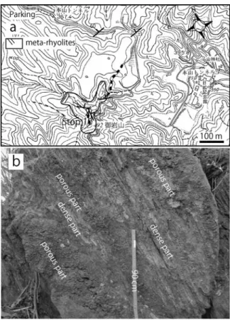 Fig. 20    (a) The location map of Stop 10 along the Mt. Oiwa-san  route, (b) typical occurrence of meta-rhyolites at Stop 10 near the  Iwa-goya.
