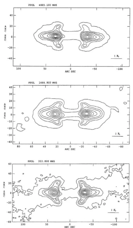 Fig.  13.  Two-dimensional  brightness  distributions  obtained  by  VLA  at  6 cm  (top),  21     cm  (middle),  90 cm  (bottom)