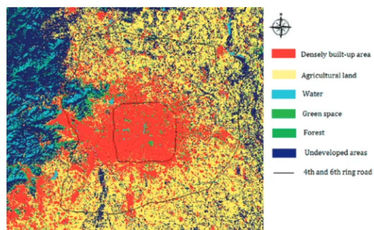 Figure 6 shows the LULC map for Beijing City in 1995.  Compared with one in 1988, a  large scale decrease in agricultural and undeveloped land can been seen (Figure 5)