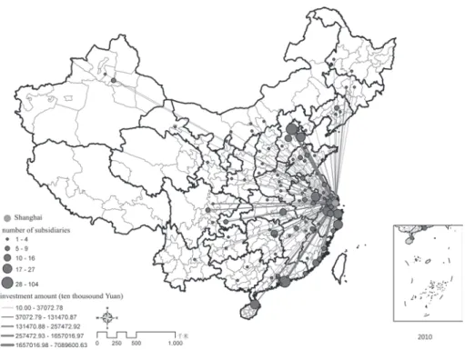Figure 3  Network links originating from other cities to Shanghai (2010)     Source : listed companies headquarter - subsidiary network database