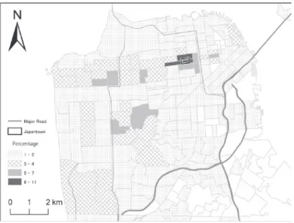 Figure 3  Percentage of Japanese residents in San Francisco by census tract 2000 　　　 　　Source  : U.S
