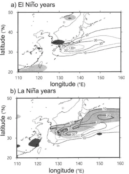 Fig.  4a  shows  the  distribution  of  the  frontal  frequency  and  anomaly  averaged  for  the  four  El  Nino  years  (1982,  1987,  1991, and  1997)