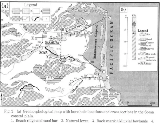 Fig.  2  (a)  Geomorphological  map  with  bore  hole  locations  and  cross  sections  in  the  Soma     coastal  plain