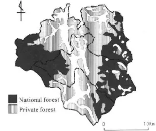 Fig.  2  Distribution  of  a  national  forest  and  a  private  forest  in  Okukuji  area