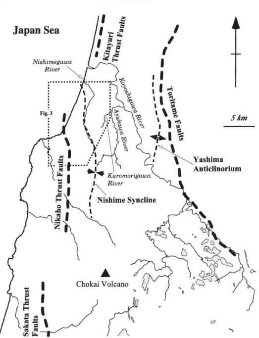 Fig.  11  Distribution  of  Late  Miocene  intrusive,  partly  eruptive,  rock  bodies  of hornblende     (-biotite)  rhyolite  around  the  Nishime  Sedimentary Basin 
