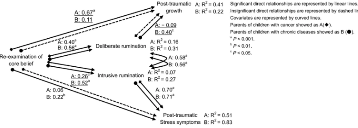 Figure 3. Significant differences in paths from re-examination of core beliefs to 