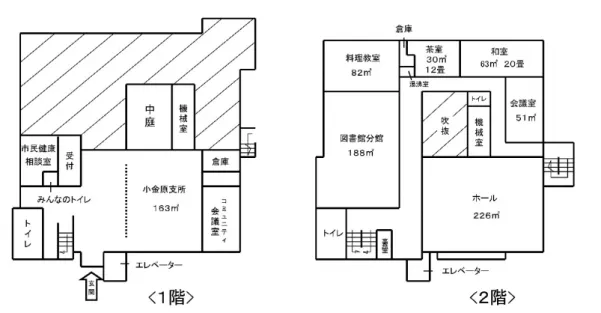 図   5-2  施設平面図  （2） 施設の老朽化状況  小金原市民センターは築後 42 年を経過しており、老朽化が進行している。外壁の一部に ひび等が見られるが、大きな損傷は見られない状況である。 耐震化の状況については、耐震診断で耐震改修が不要であることが確認されている。 【外観】       【外壁】 【屋上】 図   5-3  小金原市民センターの施設写真 