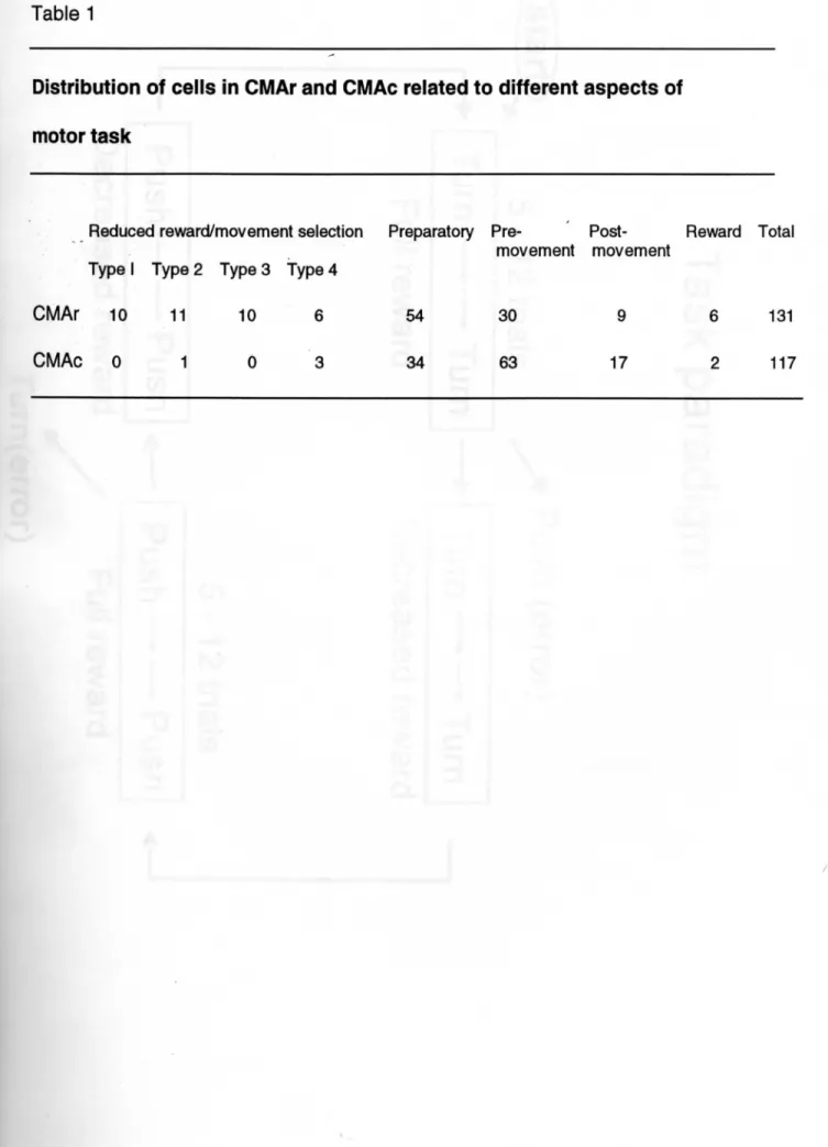 Table 1 Distribution of ceHs in CMAr and CMAc related to different aspects of motor task Reduced reward/movement selection Preparatory Pre･   Post･  Reward Total movement movement Typel Type2 Type3 Type4 CMAr 10 l1 10   6    54    30     9    6  131 CMAc o