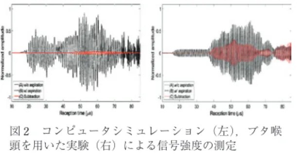 図 2 コンピュータシミュレーション（左），ブタ喉