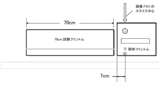 図 3-5-3  放射性核種分布の配置  この試験ファントムは，スキャナを超えて張り出す放射能が持っているような臨床状況に近付けるために，胴体 ファントムの頭部端に置かれ，なおかつ胴体ファントムに隣接していなければならない。  図 3-5-4  画質解析のためのバックグラウンド ROI 設定領域 70cm 試験ファントム 70cm 7cm  胴体ファントム  画像 FOV の  スライス中心  - 26 - 