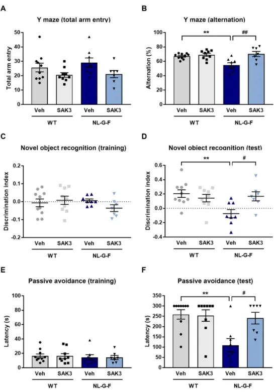 Figure  6. SAK3  administration ameliorates cognitive  deficits in  NL-G-F mice. (A)  Number  of  total  arm  entries  and  (B)  alternations  in  a  Y-maze  task  (n  =  7–10  per  group)