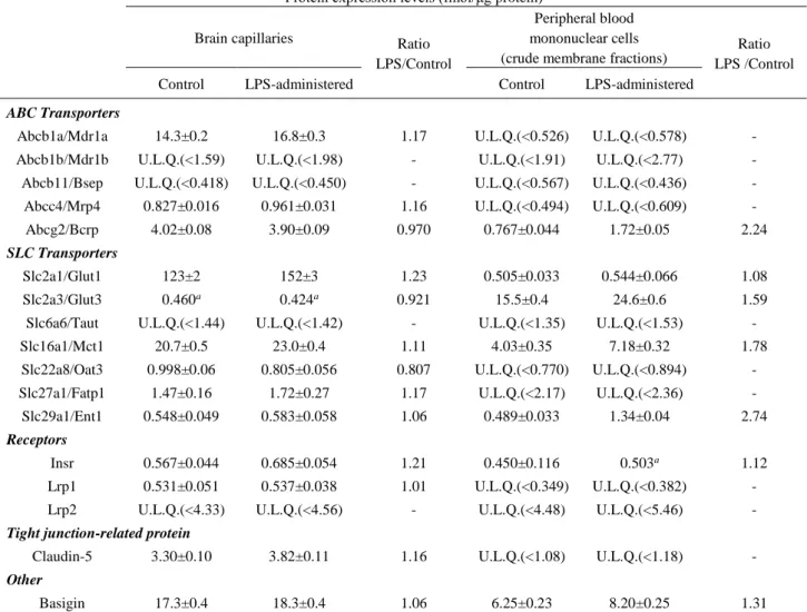 Table 2-2. Protein expression levels of transporters, receptors and a tight junction- junction-related protein in brain capillaries (Bcap) and peripheral blood mononuclear cells  (PBMCs) of LPS-administered mice 