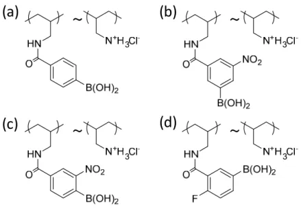 Fig. 3-4  合成した PBA 誘導体修飾 PAH の構造式  (a)：PBA-PAH、(b)：m-NPBA-PAH  (c)：o-NPBA-PAH、(d)：p-FPBA-PAH ～ ～～～(a)(b)(c)(d)3 333
