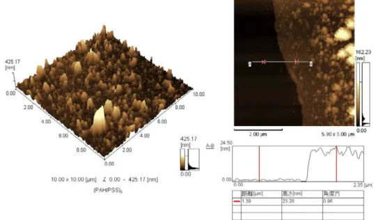 Fig. 2-12  (PAH/PSS) 5 PAH 累積膜表面の AFM 画像 （10×10 m、左） 、 切断面の AFM 画像（5×5 m、右上）および断面形状（右下） 