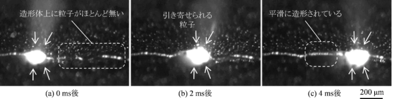図 17   第 7 層における造形中の溶融プールおよび周囲の粉末の挙動
