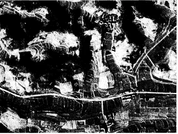 図 8 「大陵」「小陵」の推定と旧地形 ( 1 9 4 8 年 ） は文字どおり、東の「大陵」より小型の方墳であったはずである。 「小陵」の墳丘各辺は、「大陵」と同様、尾根と直交• 平行する方向に築かれ、二つ の墳丘は、西南西ー東北東にほぼ軸線を揃えて並んでいたと考えられる。南側の道路 や、さらにその南の丘陵から望めば、両者はまさしく「双墓」の様相を呈していたに 違いない。地形上、「小陵」の場所はここ以外に求めえないだろう。 そして、乙巳の変後、「小陵」は「大陵」とともに削平されたと推定される。改新政 府に