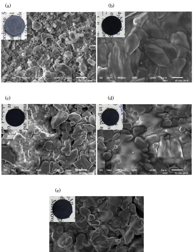 Fig. 3.5 SEM image of LiCoO 2 / Li 3 PO 4  composited surface after sintering at (a) 500℃，(b)  600℃，(c) 700℃，(d) 800℃，(e) 900℃ 